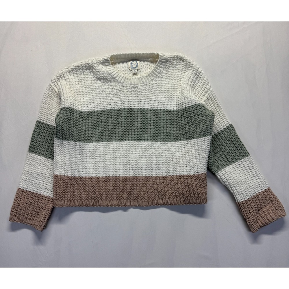 Blue Rain Cropped Sweater Womens S Multicolor Striped Chenille Soft Crew Neck